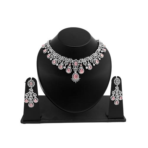 Shyneva Green Radiant Blossom AD Necklace Set | Rhodium Plated Silver Jewellery